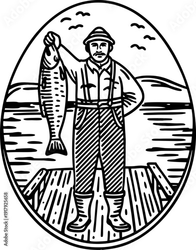 Fisherman holding large fish on wooden dock by lake with birds flying in background