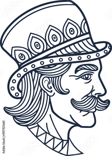 Vintage man with mustache and long hair wearing decorative tall hat, side profile illustration