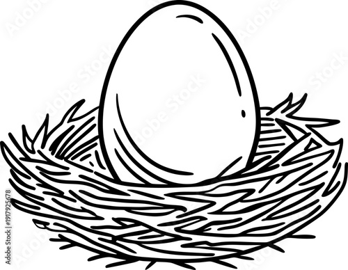 Black and white drawing of a single egg in a nest with detailed lines and natural texture