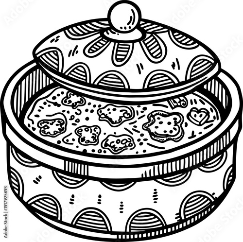 Decorative cookie jar with lid, filled with assorted cookies, hand drawn vintage