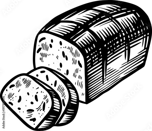 Sliced loaf of bread black and white vintage drawing of fresh baked bread with crumbs and texture