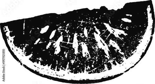 Black and white citrus fruit slice illustration detailed half lemon or orange segment with seeds and texture