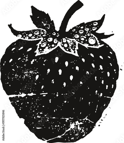 Black and white strawberry illustration with textured shading and detailed leaves