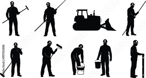 Construction worker silhouettes with tools and bulldozer isolated on white background builder industry vector illustration set