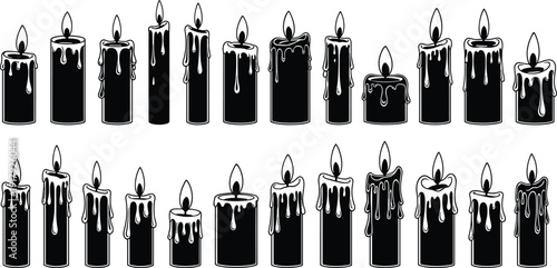 Collection of black burning candles with dripping wax silhouettes isolated on white background decorative vector illustration set