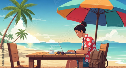 Woman working on laptop at beachside table under colorful umbrella enjoying remote work and sunny tropical getaway