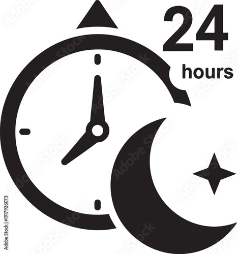 24 hours clock time symbol with moon and star  daytime and nighttime