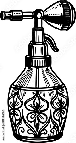 Vintage perfume atomizer with floral design and bulb pump, decorative fragrance bottle illustration