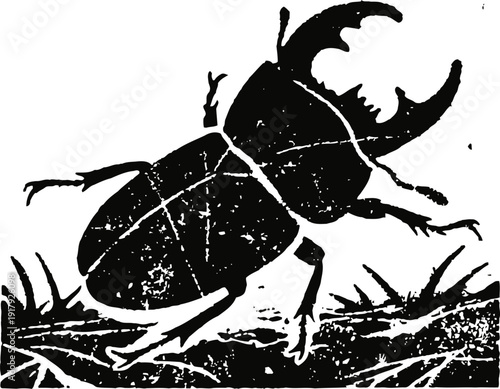 Black stag beetle silhouette crawling on grass in vintage woodcut illustration