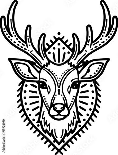 Decorative deer head with antlers and tribal ornamental patterns in black and white design