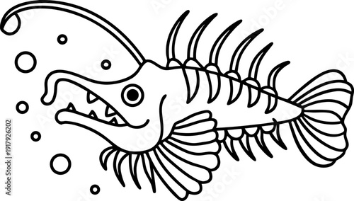 Anglerfish illustration with glowing lure and sharp teeth underwater creature design