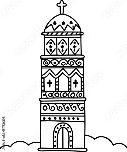 Hand drawn church bell tower with cross and decorative patterns in black ink outline