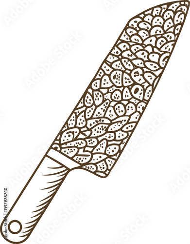 Decorative kitchen knife line drawing with artistic patterned blade and textured handle design