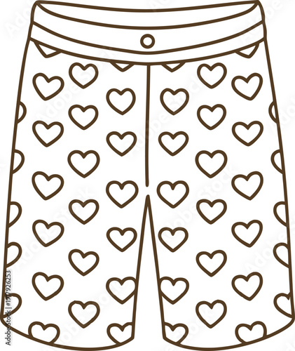 Heart patterned shorts with buttoned waistband, casual summer clothing design outline