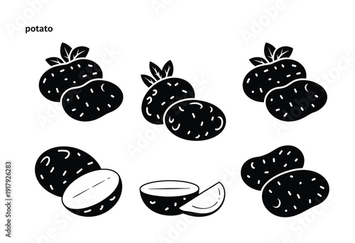 Black and White Set of Potatoes, Whole and Sliced