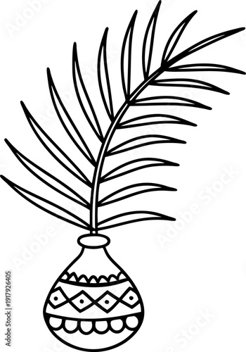 Decorative palm leaf in a patterned vase, black line art illustration of tropical botanical design