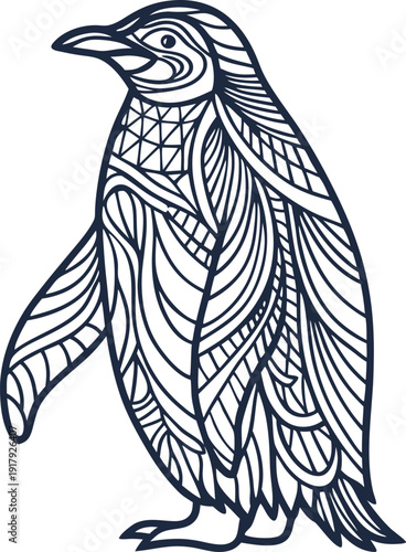 Intricate penguin line art illustration with geometric and organic patterns for decorative design