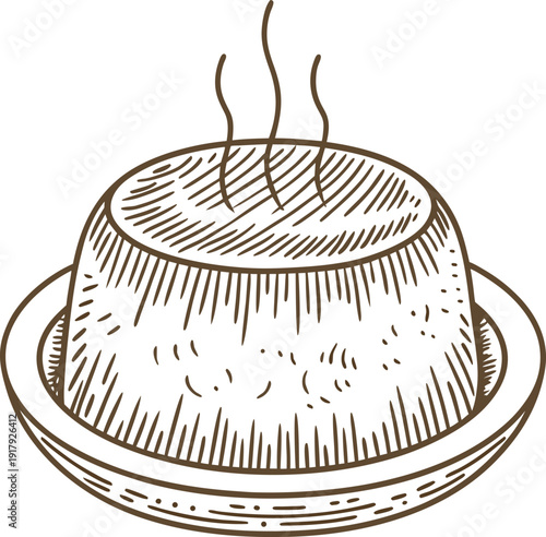Steaming hot pudding on a plate, hand drawn vintage dessert illustration with texture