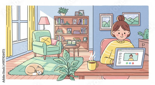 Woman video chatting on laptop with dog sleeping beside her in cozy living room with blue walls and wooden furniture