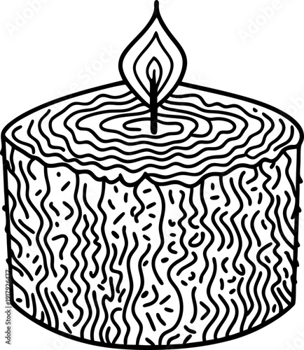 Burning candle with flame hand drawn illustration of textured wax candle, light and decoration