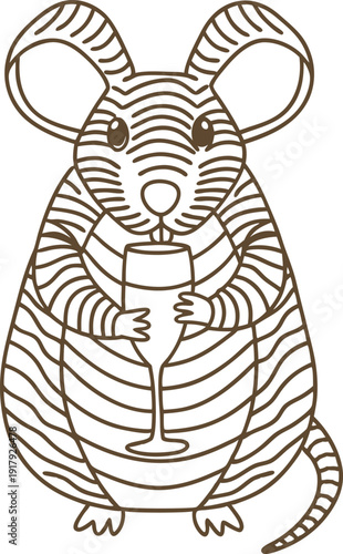 Cute striped rat holding a glass, hand drawn animal illustration, whimsical and playful design