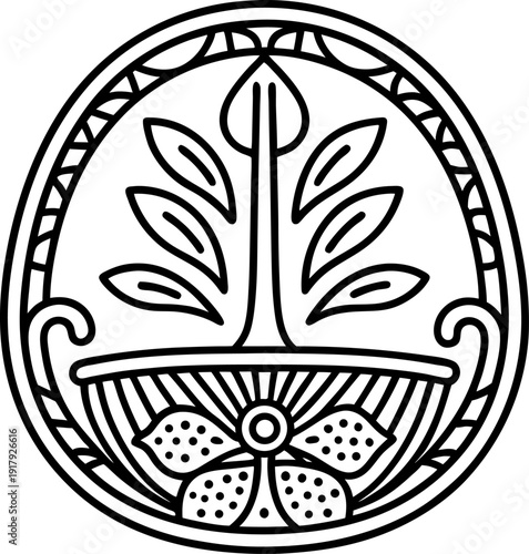 Decorative floral basket line art design with leaves and flower in oval frame