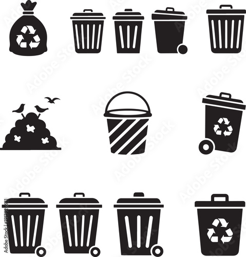 Black and white icons of trash cans and recycling bins