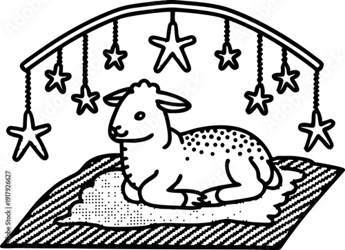Lamb lying on blanket under hanging stars cute baby sheep resting on textured rug with decorative star ornaments