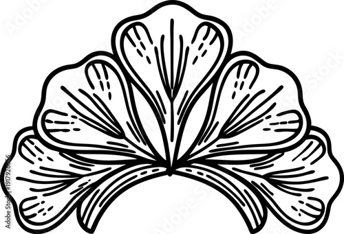 Ornamental floral design element with five symmetrical petals and delicate line details