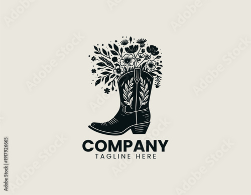 Decorative cowboy boots filled with blooming wildflowers black vector logo illustration white background