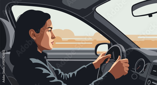 Young woman driving a car on a sunny day, hands on the steering wheel, focused on the road ahead