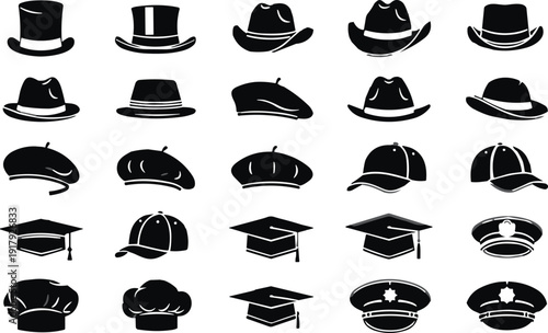 Black hat icons collection, vintage and modern headwear silhouettes, fashion accessory symbols set isolated on white background vector illustration