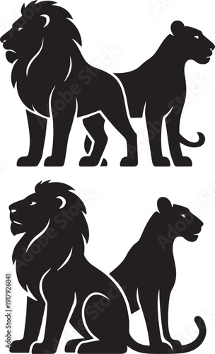 Male Lion with Lioness Protective Pose Black Silhouette EPS