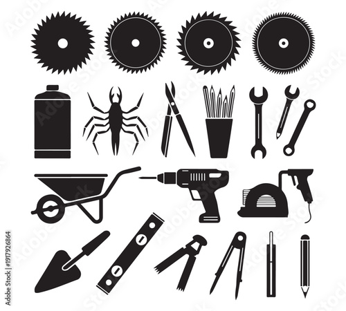 A diverse collection of work tools and useful equipment arranged on a clean white background