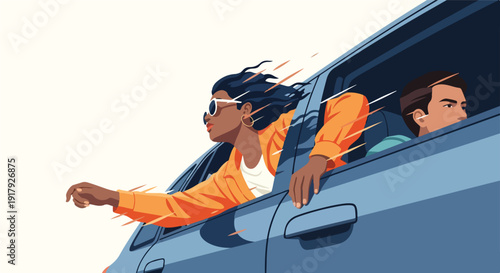 Young couple enjoying a scenic road trip, with the woman leaning out the car window, feeling the wind and freedom.