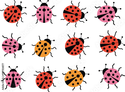 Ladybug cartoon vector set, colorful flat ladybird beetle collection illustration, cute insects clipart isolated on white background