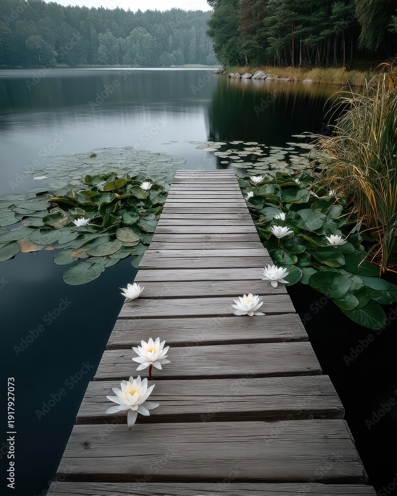 Fototapeta premium Empty wooden dock water lily calm lake green forest tranquil nature outdoor summer peaceful reflection