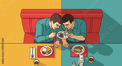 Two men eating a meal together in a booth, split screen showing different dishes and table settings.