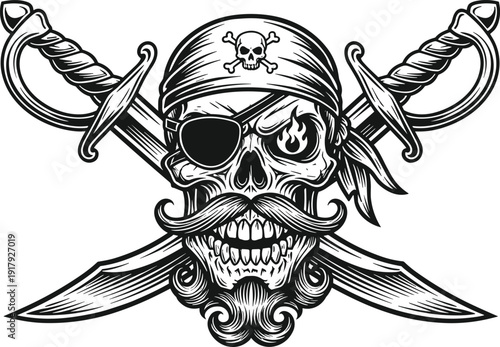 Pirate skull illustration with bandana, eye patch, beard, mustache, crossed swords and flame eye design, black and white gothic artwork for tattoo and adventure themes