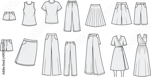 Women clothing collection vector set, casual outfits templates including tops, pants, skirts, shorts and dresses, fashion apparel outline illustration isolated background