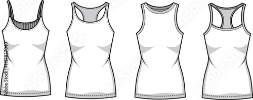 Women racerback tank top vector set, sleeveless athletic shirt templates, front and back view blank apparel mockup illustration isolated background