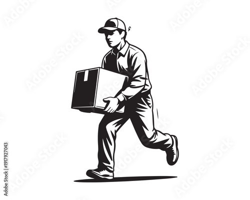 A focused delivery man wearing a cap and uniform quickly carries a large package