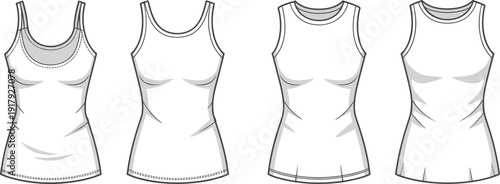 Women tank top vector set, sleeveless shirt templates, front view blank apparel mockup, casual fitted tops illustration isolated on white background
