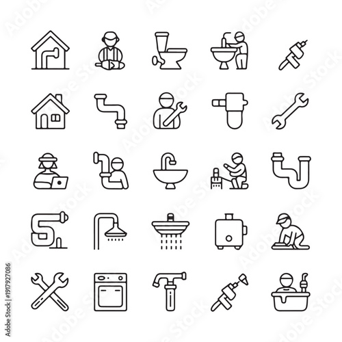 A comprehensive collection of plumbing related outline icons representing various tools, tasks, and fixtures