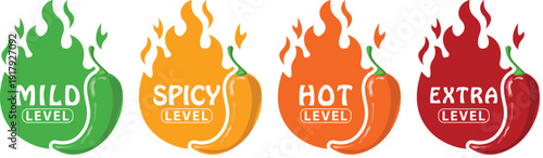 Red Chili Fire Icon. Chili spice level, spicy level, heat level, extra level label. Green, yellow, orange spicy icon. Spicy logo. Extra chili badge. Hand drawn. Vector illustration.