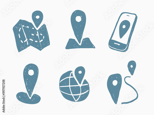 Hand drawn location pin doodle set with map, globe and mobile navigation icons. Perfect for travel apps, GPS services, maps, UI design, websites, infographics and social media.
