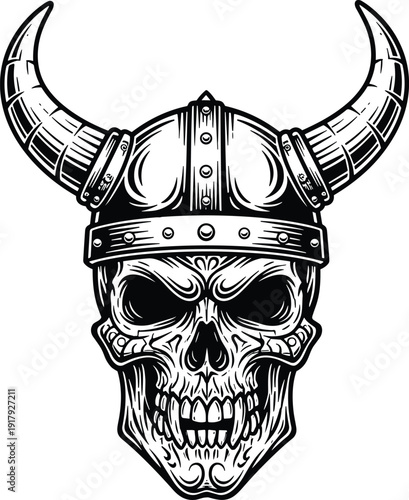 Viking skull illustration with horned helmet, rivets and battle‑worn design, gothic engraving style artwork symbolizing Norse warrior spirit and tattoo art aesthetics