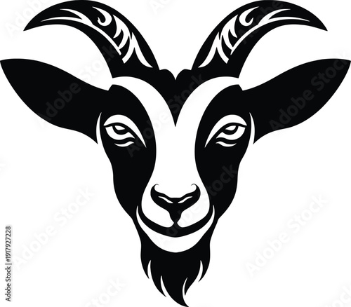 Modern black and white goat head logo with strong symmetrical horns. Clean, bold design perfect for branding, farm logos, mascots, tattoo style art, or livestock-related businesses.