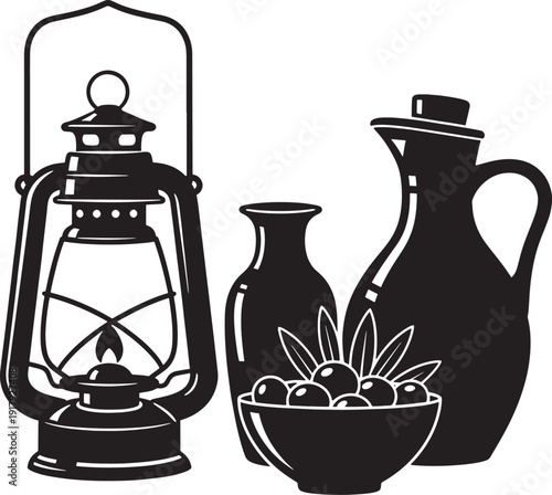 Black and white illustration of lantern jug and olives