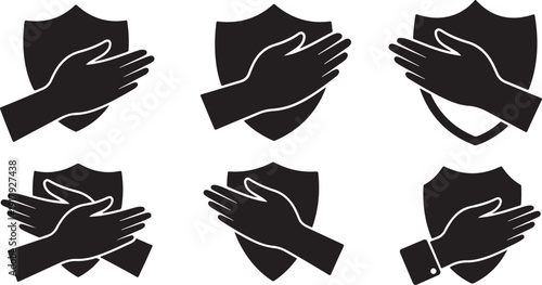Protection and security icons with hands and shields